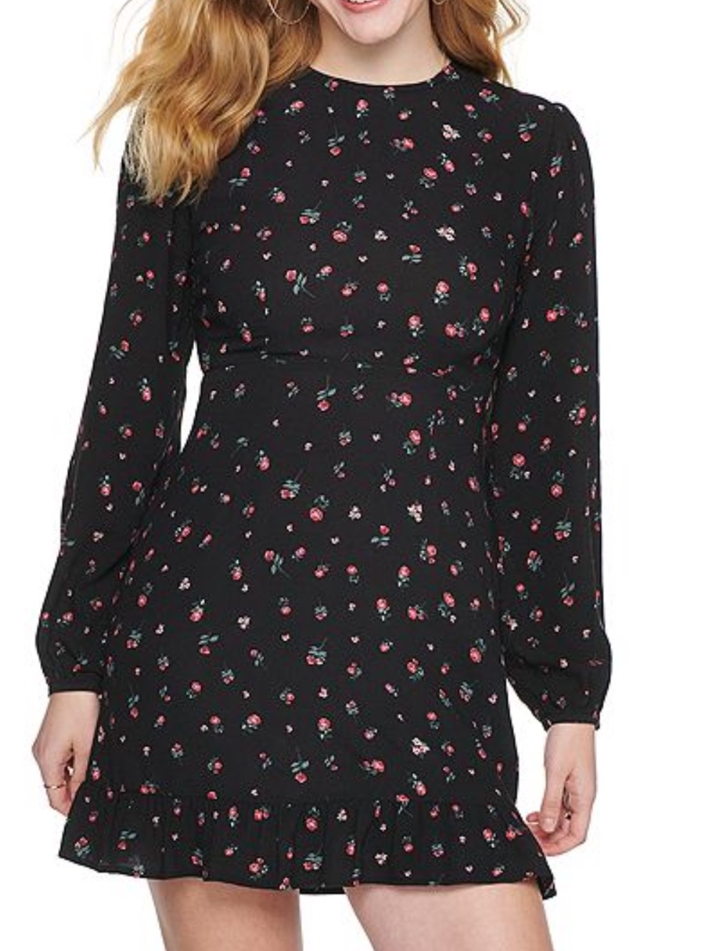 Black Floral Long-Sleeve Mini Cutout Dress